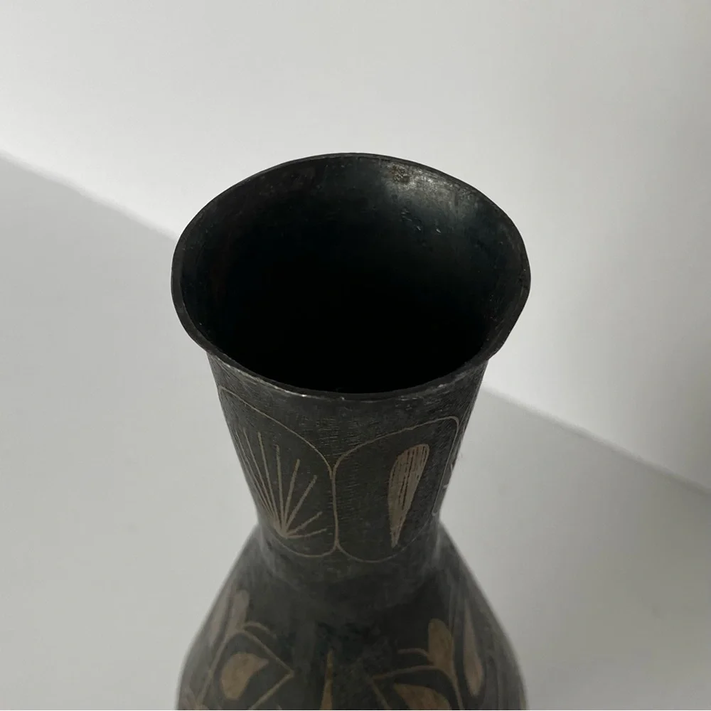 Vintage Brass Vase Etched India 7” Tall Metal Old Brown Bud Flower Engraved